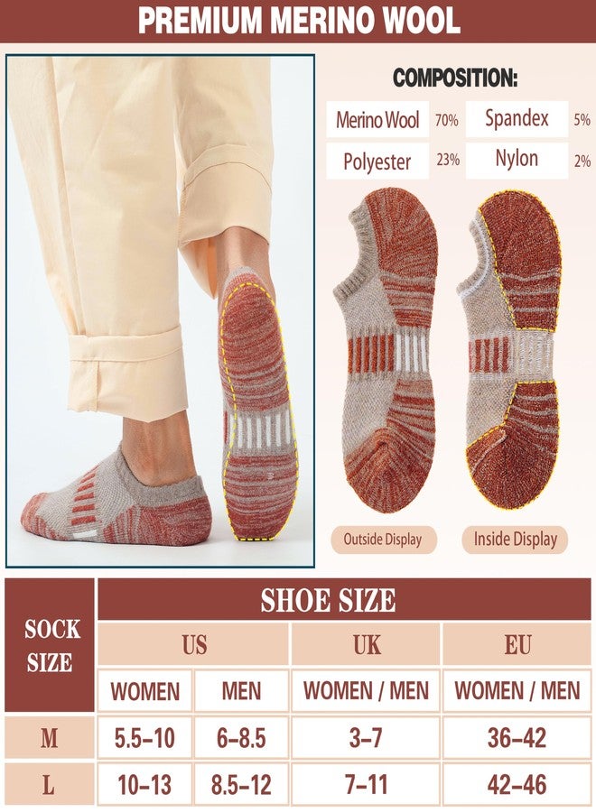 Sandsuced Merino Wool Ankle Athletic Running No Show Socks Cushioned Breathable Low Cut Sports Warm Thick Socks for Men and Women 6 Pairs (Khaki Stripes,M) - Image 5
